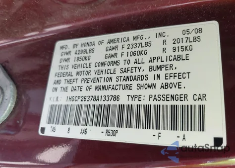 2008 Honda Accord 2.4 Lx z USA, uszkodzony, nr VIN 1HGCP26378A133786